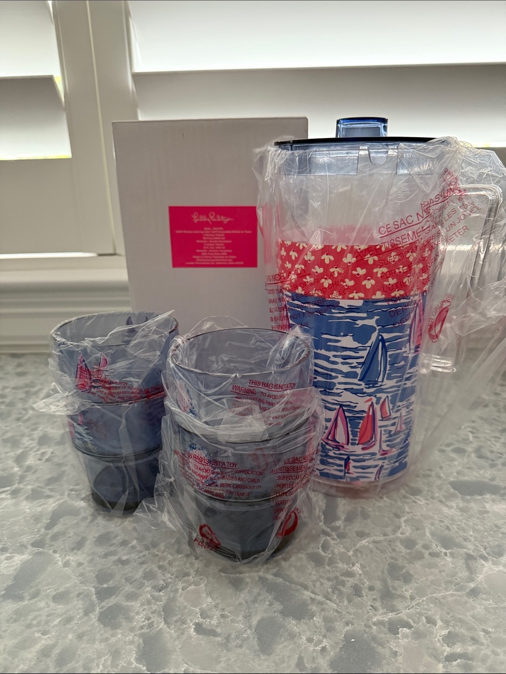Lilly Pulitzer Acrylic Blue and Pink Sailboat Pitcher with Matching Tumblers